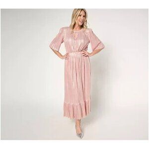 by Stacy London Petit Metallic Plisse Pleated Midi Dress Primrose Pet 1X A671331